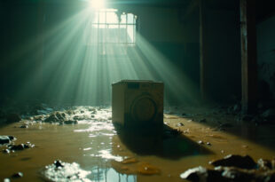 Open washing machine stands as survival symbol in flood-damaged home interior with muddy water and debris