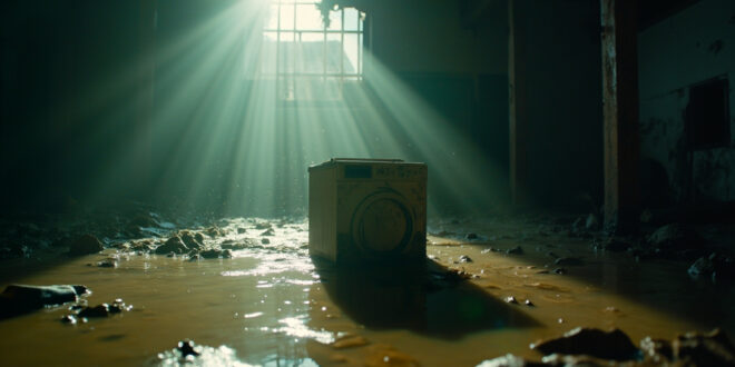 Open washing machine stands as survival symbol in flood-damaged home interior with muddy water and debris