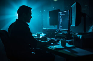 Abandoned workstation with computer screens displaying code in a quiet office with programming tools and documentation