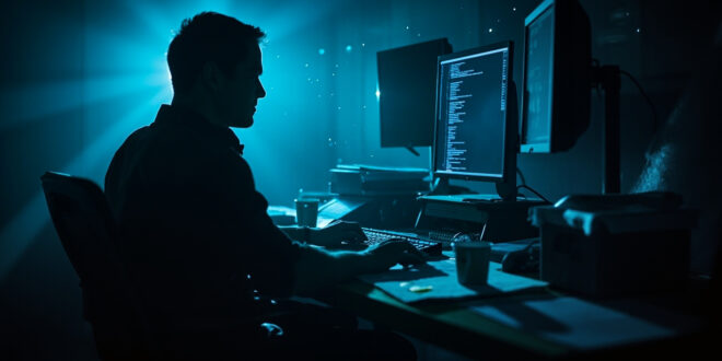 Abandoned workstation with computer screens displaying code in a quiet office with programming tools and documentation