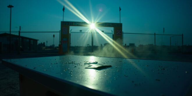 Closed border checkpoint at dawn with warning signs and an abandoned green card on inspection table