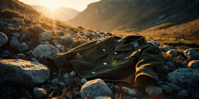 Abandoned Wehrmacht uniform jacket lying on rocky terrain along an empty Alpine hiking trail in Swiss mountains