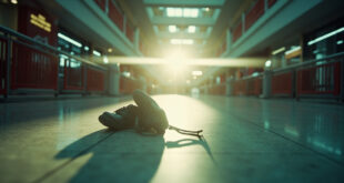 Abandoned pair of shoes on an empty shopping mall floor with closed barriers and emergency lighting
