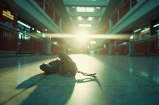 Abandoned pair of shoes on an empty shopping mall floor with closed barriers and emergency lighting