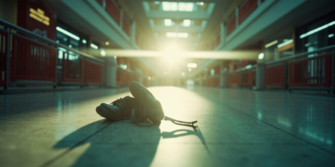 Abandoned pair of shoes on an empty shopping mall floor with closed barriers and emergency lighting