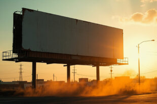 Abandoned political campaign billboard with torn edges stands empty in deserted urban space at dusk