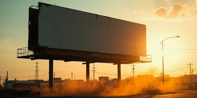 Abandoned political campaign billboard with torn edges stands empty in deserted urban space at dusk