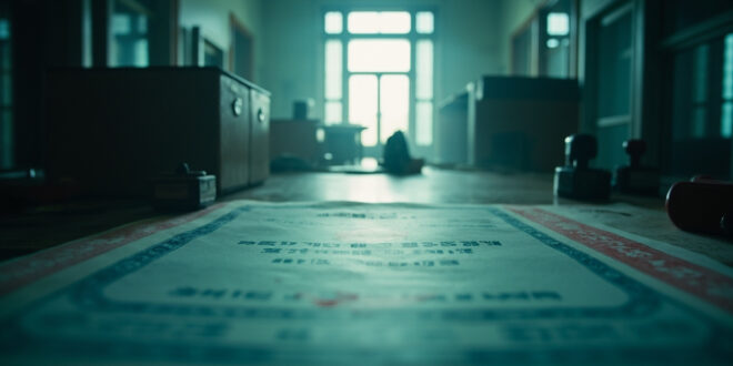 Unattended government desk with citizenship documents and official stamps in sterile office environment