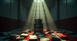 Empty ministerial chair with scattered documents on desk in abandoned government office corridor