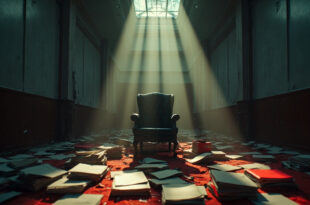Empty ministerial chair with scattered documents on desk in abandoned government office corridor