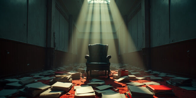 Empty ministerial chair with scattered documents on desk in abandoned government office corridor