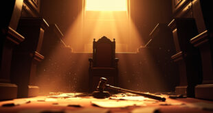 Empty judge's bench with abandoned legal documents in a deserted constitutional court chamber bathed in morning light