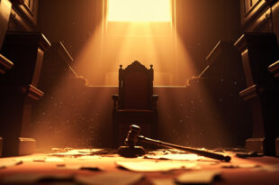 Empty judge's bench with abandoned legal documents in a deserted constitutional court chamber bathed in morning light