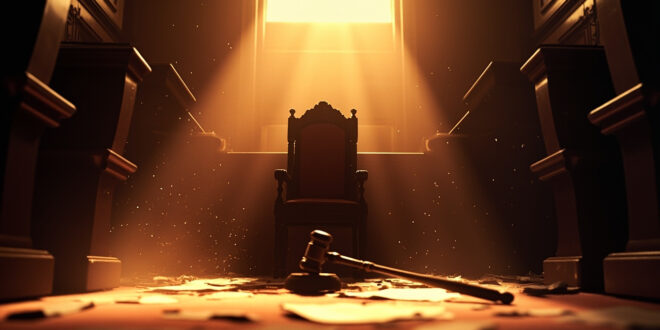 Empty judge's bench with abandoned legal documents in a deserted constitutional court chamber bathed in morning light