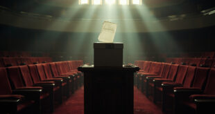 Empty semi-circular parliament benches surrounding an abandoned ballot box in the German parliament chamber