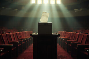 Empty semi-circular parliament benches surrounding an abandoned ballot box in the German parliament chamber