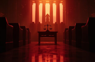 Empty judicial seats in abandoned constitutional court chamber at twilight, scales of justice on vacant judges bench