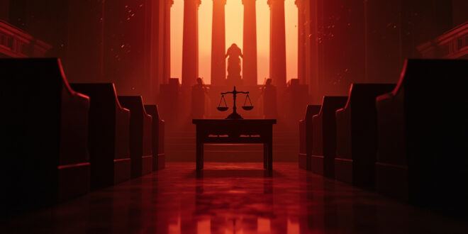 Empty judicial seats in abandoned constitutional court chamber at twilight, scales of justice on vacant judges bench