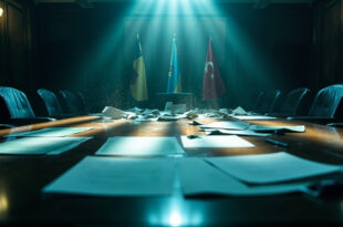 Abandoned negotiation documents scattered across an empty conference table in a vacant government chamber with regional flags