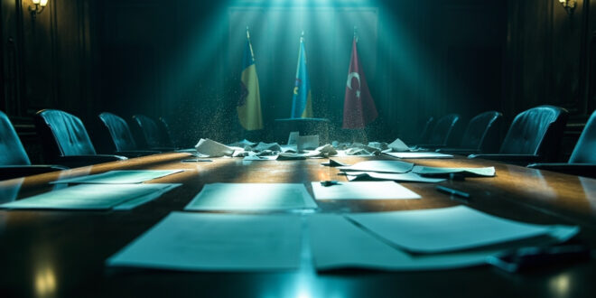 Abandoned negotiation documents scattered across an empty conference table in a vacant government chamber with regional flags