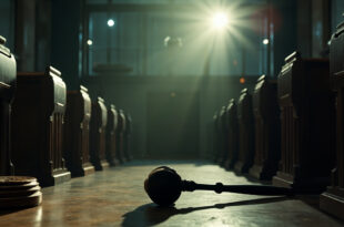 Judge's gavel and scales of justice on empty bench in abandoned courthouse after verdict, dramatic lighting.