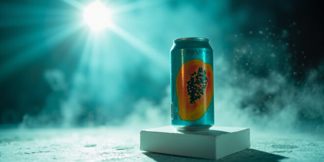 Aqua-colored papaya-designed soda can displayed on stand in clean product photography studio with dramatic lighting