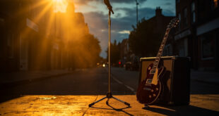 Empty stage with abandoned microphone and silent electric guitar leaning against amplifier on quiet Birmingham street at dusk