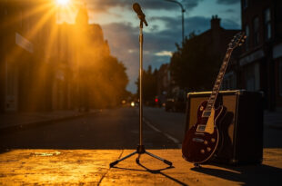 Empty stage with abandoned microphone and silent electric guitar leaning against amplifier on quiet Birmingham street at dusk