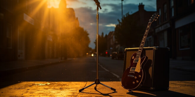 Empty stage with abandoned microphone and silent electric guitar leaning against amplifier on quiet Birmingham street at dusk