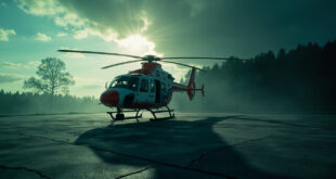 Empty red and gray medical helicopter sits on abandoned countryside helipad after failed rescue mission