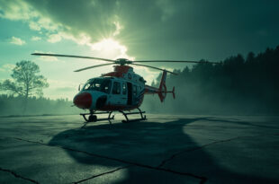 Empty red and gray medical helicopter sits on abandoned countryside helipad after failed rescue mission