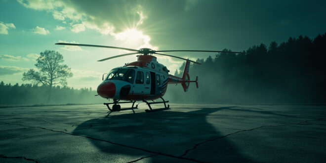 Empty red and gray medical helicopter sits on abandoned countryside helipad after failed rescue mission