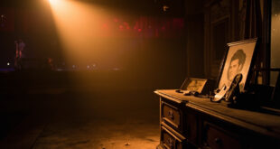 Abandoned theater dressing room with vintage Hollywood photographs on dresser, illuminated by warm amber spotlight in deep shadows