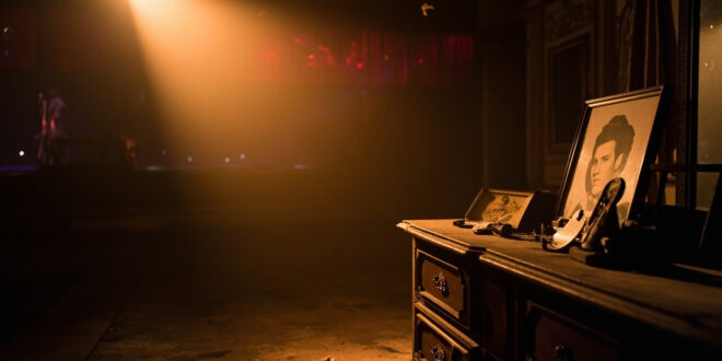 Abandoned theater dressing room with vintage Hollywood photographs on dresser, illuminated by warm amber spotlight in deep shadows