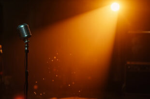 Vintage microphone and abandoned recording equipment in a dimly lit, empty studio with amber lighting and dust particles