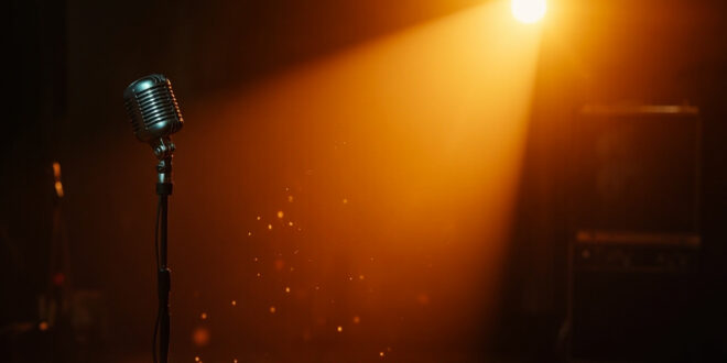 Vintage microphone and abandoned recording equipment in a dimly lit, empty studio with amber lighting and dust particles
