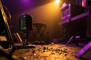 Empty spotlight illuminates vintage microphone and film reel in abandoned recording studio with musical instruments