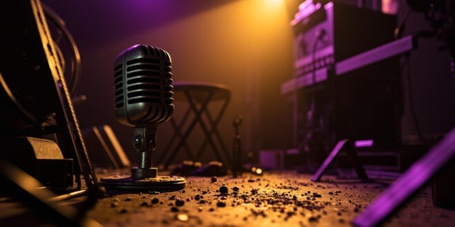 Empty spotlight illuminates vintage microphone and film reel in abandoned recording studio with musical instruments