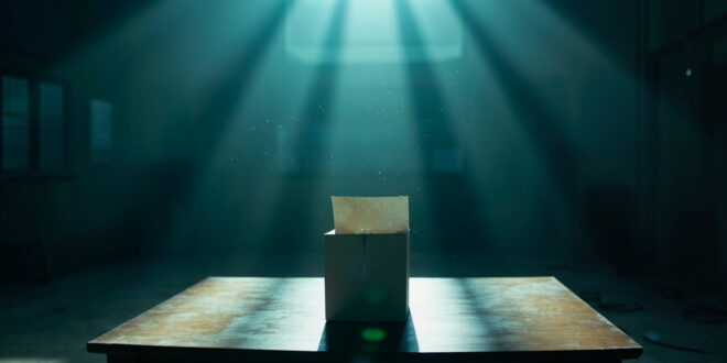 Sealed ballot box with cast votes sits on empty table in abandoned polling station after voting hours