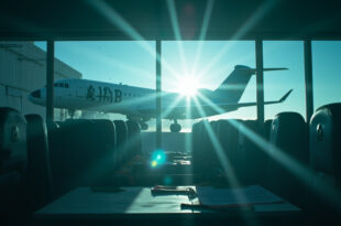 Empty passenger aircraft on tarmac at departure gate in deserted airport terminal at dawn with official documents visible