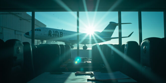 Empty passenger aircraft on tarmac at departure gate in deserted airport terminal at dawn with official documents visible