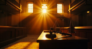 Empty courthouse at dusk with judicial gavel and scales of justice on abandoned bench, illuminated by golden light