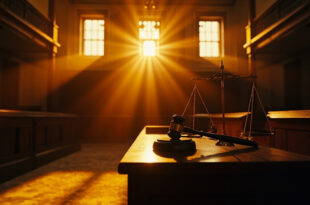 Empty courthouse at dusk with judicial gavel and scales of justice on abandoned bench, illuminated by golden light