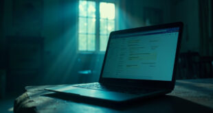 Abandoned home office at dawn with closed laptop on empty desk, messaging app visible on screen, symbolizing online romance scam