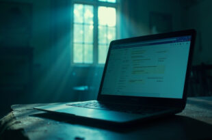 Abandoned home office at dawn with closed laptop on empty desk, messaging app visible on screen, symbolizing online romance scam