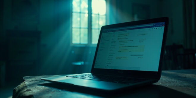 Abandoned home office at dawn with closed laptop on empty desk, messaging app visible on screen, symbolizing online romance scam