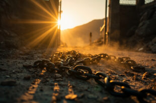 Broken chains and open gate on weathered stone along empty mountain path, bathed in golden light symbolizing freedom