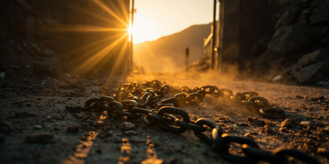 Broken chains and open gate on weathered stone along empty mountain path, bathed in golden light symbolizing freedom