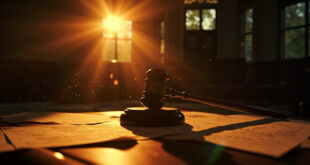 Solitary wooden gavel and legal documents on an empty judge's bench in an abandoned courthouse at dusk