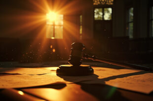 Solitary wooden gavel and legal documents on an empty judge's bench in an abandoned courthouse at dusk
